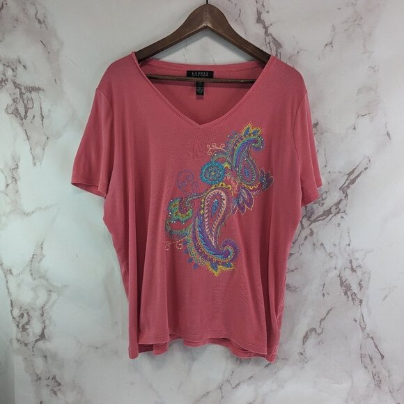 LRL Ralph Lauren T Shirt Womens 2X Pink Embroidered Paisley Sequin Boho V Tee - Picture 1 of 11